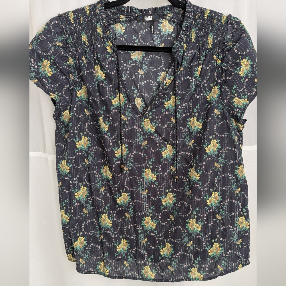 PAIGE Navy Floral VNeck Blouse L